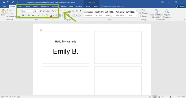 A screenshot of the 8395 name tag template open in Word. The text bar is highlighted showing how to edit name tag text in a Word document.
