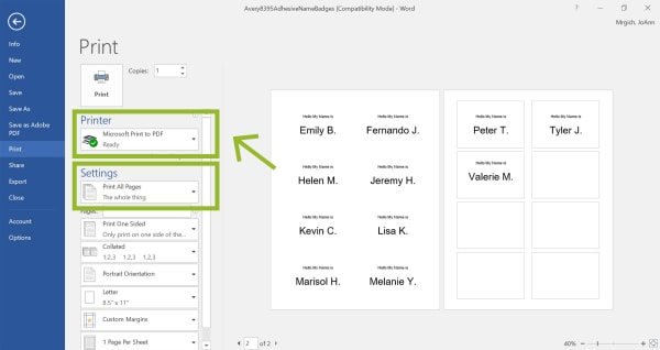 A screenshot showing where to find printer settings when printing Avery name tag templates in Microsoft Word. 