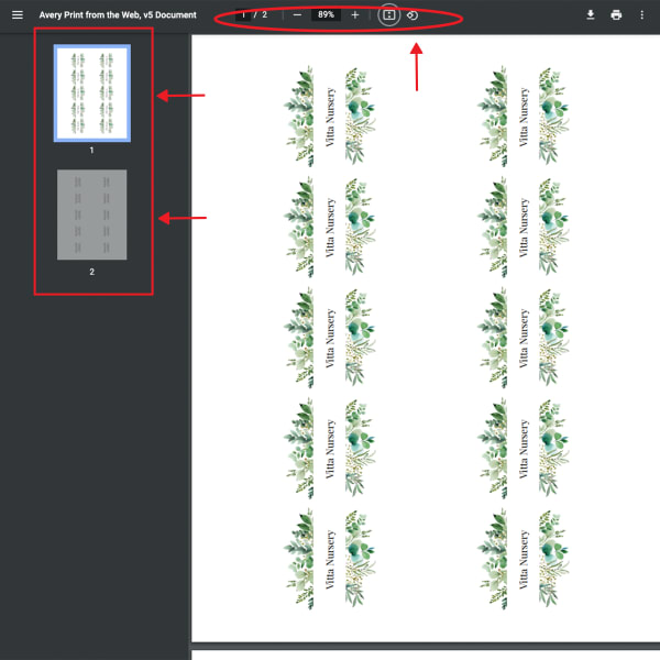 A screen shot showing where to find tools to review your custom card PDF before printing. 