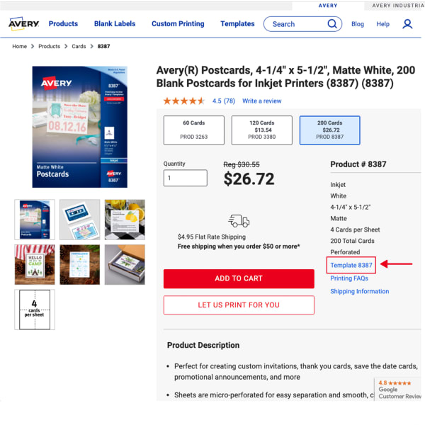 A screen shot of an Avery.com product page showing where to find the link to the matching design template for product. 