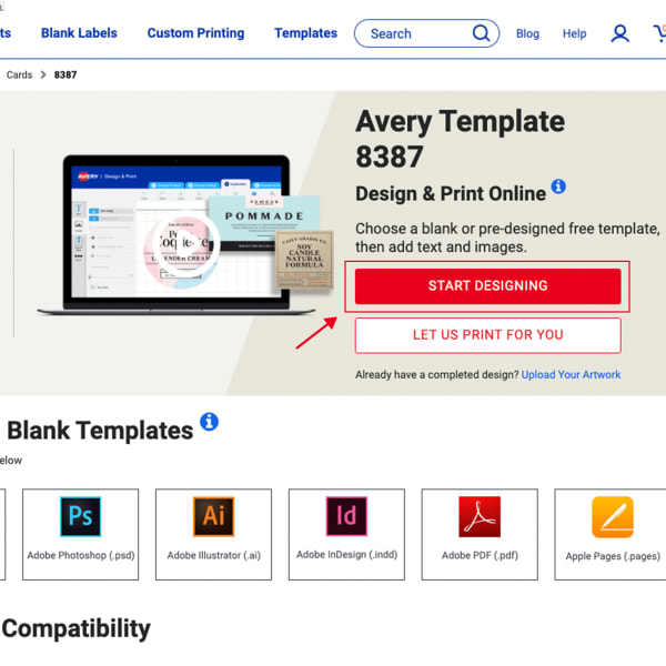 A screen shot of an Avery template page on Avery.com that shows how to open an Avery template and start designing. 