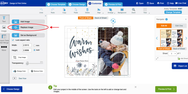 A screen shot showing how to make a custom card at home with a photo using Avery Design and Print Online. The image shows how when an image in a template is selected you can use the "Replace Image" button to to add your own photo in its place. 