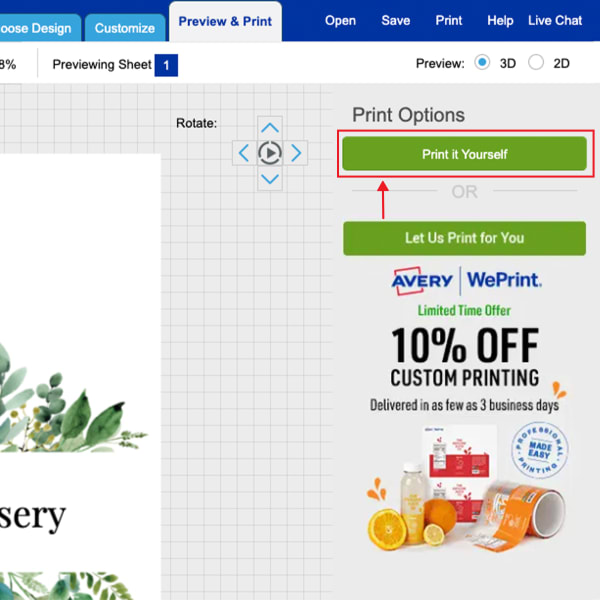 A screenshot showing where to find "Print Yourself" and "Let Us Print For You" options in Avery Design and Print Online