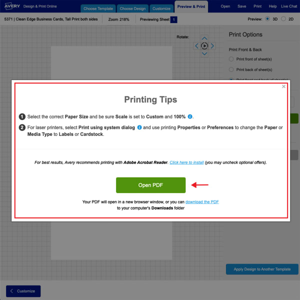 Screenshot image showing the pop up screen to open your PDF created in Avery Design and Print Online.