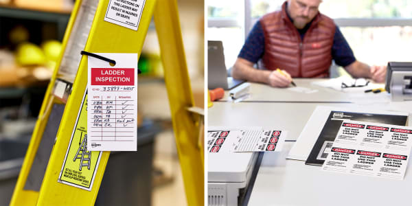Two images side by side show how Avery printable plastic tags are used for ladder safety. One image shows a ladder inspection tag made with Avery 62400 blank, printable plastic tags. The other image shows a man making ladder tags that read, 