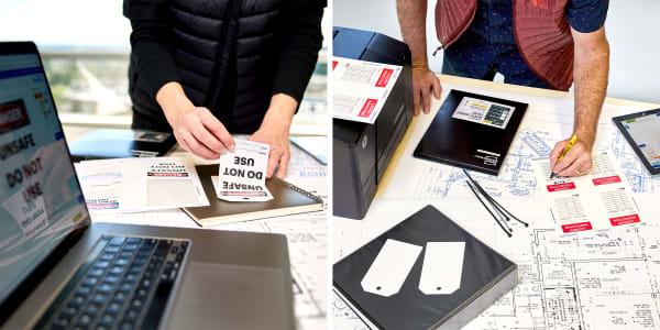 Two images side by side show how to use Avery safety tag kits to assemble extra-durable ladder safety tags. One image shows a person using Avery preprinted tag kits 62404 to create ladder tags that read 