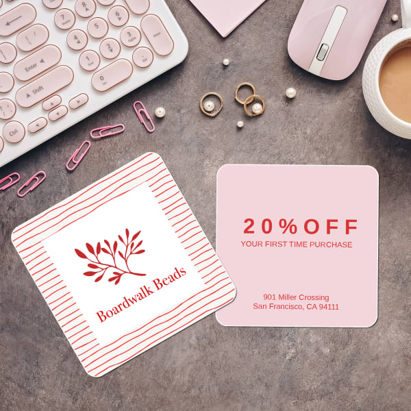 Avery square business card 35702 is printed with a modern business card template that features a discount code. The design features red and white hand-drawn stripes complimented with a pink background on the back. 