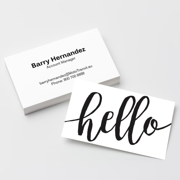 A graphic black and white business card design features "hello" in a large looping handwritten font. The design is printed on Avery business card 28878.