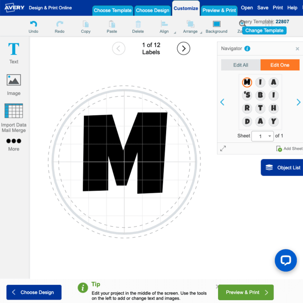 A screen shot of the Avery Design and Print Online editing screen. This image shows an example of what it looks like when you are customizing text on a sheet of Avery labels.