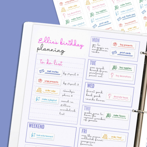 Planner stickers for party planning are printed on Avery 18167 labels and shown on a planner page in a binder. The labels are colorful and have reminders like "mail invites," "make favors," etc.