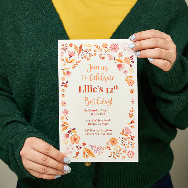 This image shows an example of birthday invitations printed on Avery half-sheet 3378 greeting cards. The design features a vintage floral border and customizable text in the center.