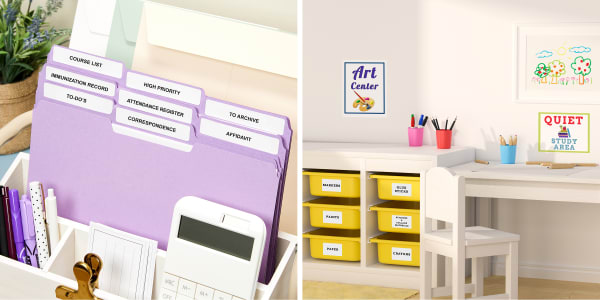 Two side-by-side images of a home classroom. One shows light purple file folders with custom-printed tab labels for organizing school documents. The other image shows a study area with personalized wall signage for art and study areas as well as labeled bins for school supplies.