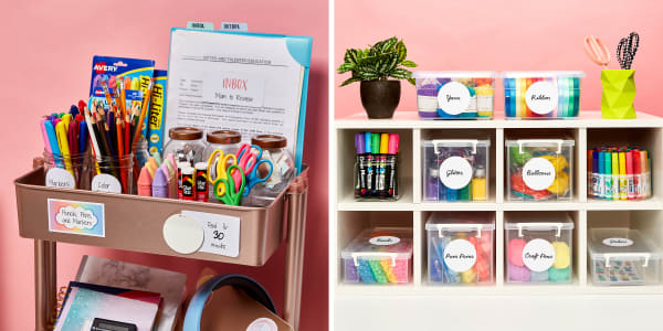 Two images side by side of homeschool organization supplies in front of a pink wall. One image shows a rose gold metal cart with customized magnets and colorful pencils, Hi-Liters, chalk and other supplies organized in glass jars. The other image shows white storage shelves with square cubbies for plastic containers labeled for and filled with art supplies like markers, ribbons and pom poms.