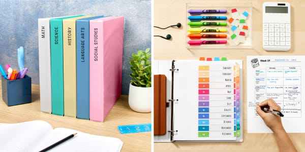 Two images that show different uses for binders for homeschool organization. One image shows five different Avery binders in various soft, pastel colors for different school subjects. The other image shows a binder being used with Avery Ready Index dividers to create a color-coded school binder.