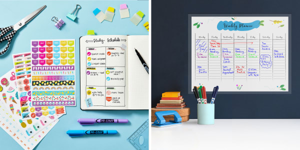 Two images of a planner and a calendar showing homeschool schedules. The planner is decorated with bright Avery planner stickers, Ultra Tabs and Hi-Liters. The calendar is sealed with self-laminating sheets and attached to a wall so that it can be written on with dry erase markers.