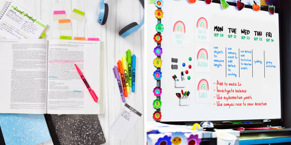 Two images that showcase homeschool organization. One image shows a study book color-coded with Avery Ultra Tabs and Hi-Liters. The other image shows a dry-erase board that uses various colors of dry erase markers to create a weekly view.
