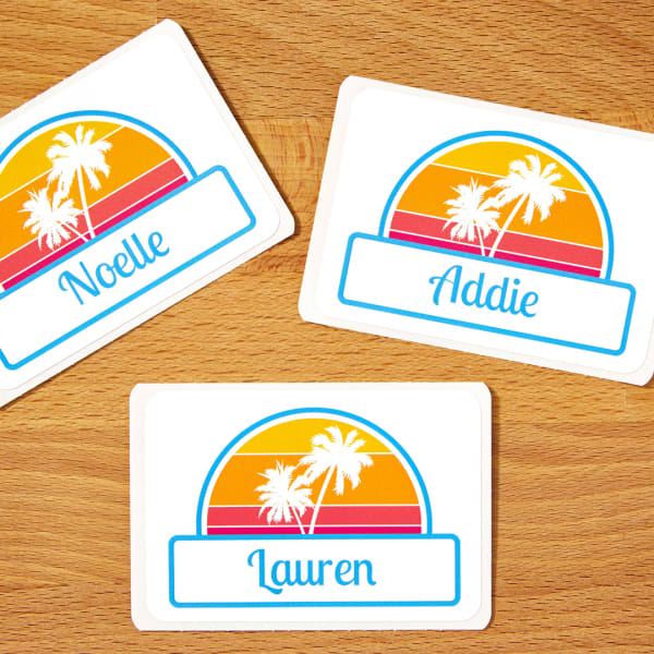 Name tags with a retro sunset design printed on Avery 8395 name tags.