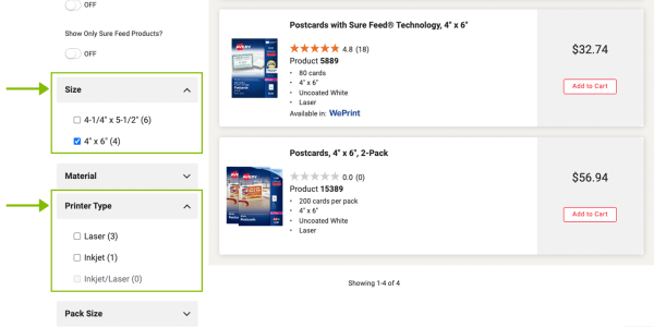 A screenshot of the filtering options available while searching for Avery card products.