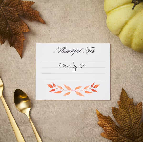 A gratitude card with a matching orange leaf theme printed on Avery 8387 postcards. 