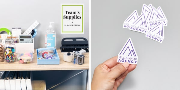 Two images side by side. On the left, a desk filled with tape, a hole puncher, a calculator and various other office supplies with a removable decal above it that reads "Team's Supplies". To the right, a pile of custom die-cut stickers for a business.