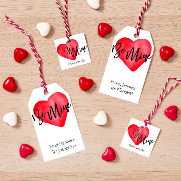 Avery 22802 and 22849 gift tags featuring a watercolor red heart and the words, "Be Mine." Each tag is personalized with "To" and "From" text. 
