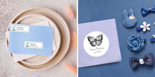 Two images side by side of homemade labels with customized spring-themed designs. One image shows an address label and return address label with a botanical design on a blue envelope. The other image shows a party favor bag, sitting next to a variety of cute hair clips, decorated with a butterfly label.