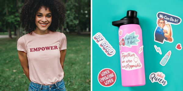 The image shows a woman on the left wearing a pink shirt with the word "EMPOWER" printed using Avery fabric transfers. On the right, there's a pink water bottle decorated with Avery waterproof stickers. These stickers include empowering phrases like "Be Bold," "Together we are unstoppable," and "We Can Do It!"