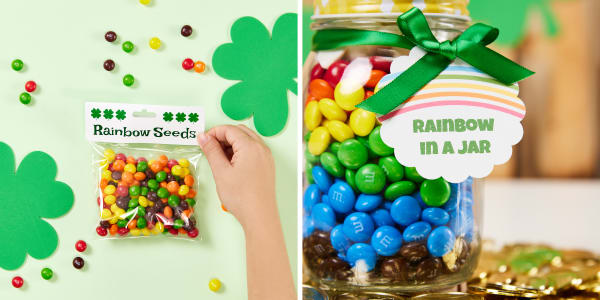 The image shows two colorful St. Patrick’s Day-themed candy projects. On the left, a bag of rainbow-colored candy labeled "Rainbow Seeds" uses an Avery bag topper, featuring shamrock designs. On the right, a jar filled with M&Ms is labeled "Rainbow in a Jar," adorned with an Avery gift tag tied with a green ribbon, creating a festive and fun presentation.