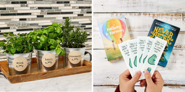 Two images side by side of Avery labels with Avery templates. One image shows herbs in metal plant pots labeled with round kraft brown labels. The other image shows Avery tickets with a dinosaur-themed bookmark design held over books and a wooden table.