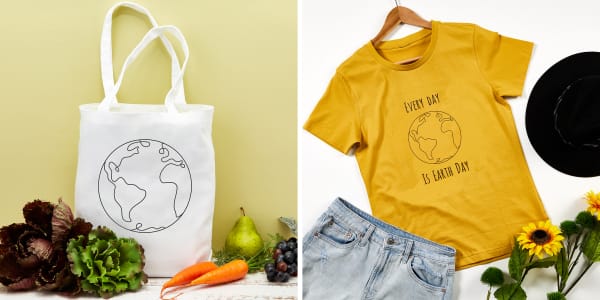 Two images side by side of a tote bag and a t-shirt customized with Avery fabric transfers using the Earth Day Avery template design. On one side, a tote bag customized with the earth outline design is sitting on a wooden table surrounded by fruits and vegetables. On the other side, a yellow shirt with a customized version of the earth design is on a white background with a sunflower and other garments.