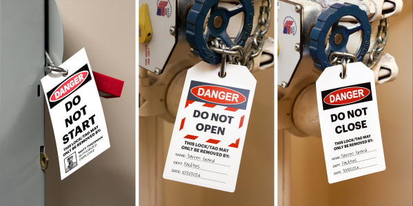 Three lockout tagout tag examples made with Avery printable LOTO tag products and free templates. The first example is a template design that features a “Do Not Start” message printed on Avery 62400. The second example is a template design that reads, “Do Not Open” and is printed on Avery 62403. The third example is a template design that reads, “Do Not Close” and is printed on Avery 62404.