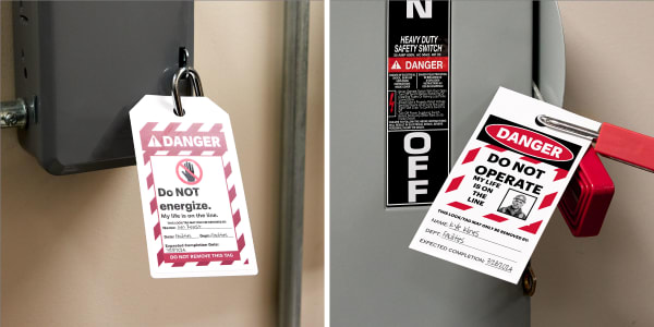 Two lockout tagout tag examples made with Avery printable LOTO tag products and free templates. The first example is a template design that features a “Do Not Energize” message printed on Avery 62403. The second example is a template design that reads, “Do Not Operate” and is printed on Avery 62400.