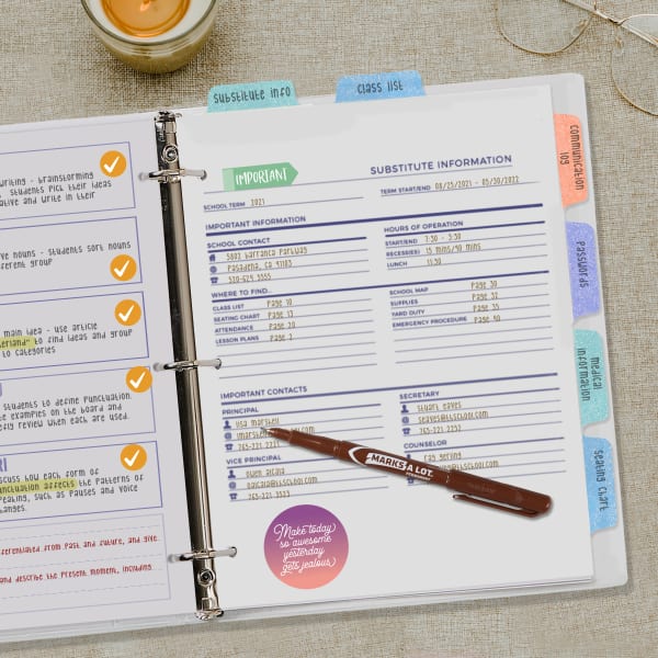 An example of a DIY teacher binder for planning made by putting free printable sheets in Avery binder 17002. The contents are divided and organized using Avery Ultra Tabs 74150.