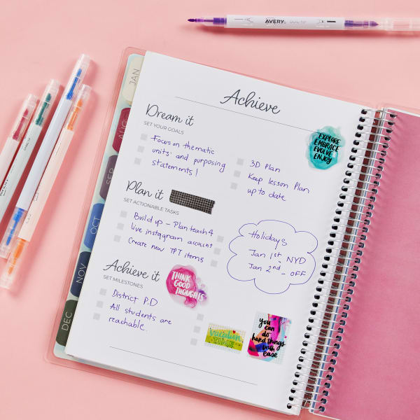 Avery 29874 open to a blank page for goals. Wet-dry markers surround the planner.