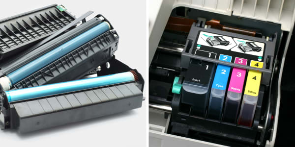 Examples of printer cartridges in the two most common printers used for printing labels. A laser cartridge with long blue cylinders is compared to an inkjet printer cartridge with cyan, magenta, yellow and black inks. 