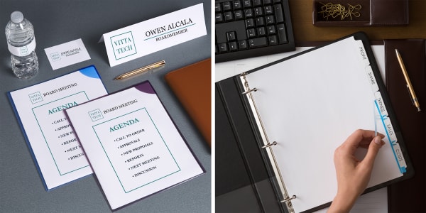 Two images side by side. The image on the right shows board meeting agendas organized in Avery report covers and arranged on table with a notebook, pen and other meeting supplies personalized with Avery products including a business card, tent card and water bottle. The image on the left shows a hand peeling away the border from Avery index maker dividers.