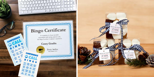 Two images side by side. One shows printable Avery templates for zoom bingo cards in blue and white with a laminated bingo certificate on a dark wood desk. The other shows a three smores kits with navy gingham ribbon and Avery tags on a blonde wood table with pine cones and greenery.