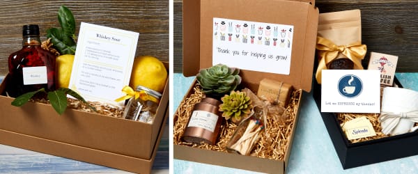 Two images side by side both showing team building ideas with a gift for employees. Left image shows a cocktail kit for a virtual bartending class. The right image shows two gift boxes, one with a growing theme that includes succulents and other a coffee theme. All the boxes are personalized with Avery note cards, postcards and labels using Avery templates.