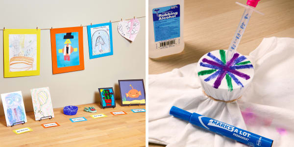 avery school supplies used for setting up family activities during quarantine for example creating setting up a gallery for a family art show at home and using marks a lot markers to show how to tie dye using permanent markers