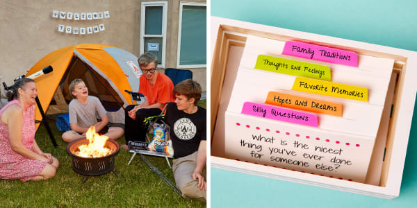 a picture of a family with a tent and telescope and fire pit set up in the backyard enjoying an at home camping family activity shown next to a box of conversation cards made with avery business cards and ultratabs