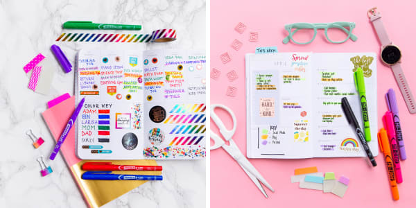 Two images side by side. Left image shows an open color-coded planner decorated with colorful markers. Right image show an open color-coded planner surrounded by colorful hi-liters and ultra tabs.