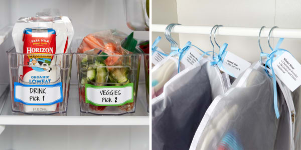 Two images side by side. One image shows kitchen organization ideas in a fridge. Kids’ lunch items are in clear bins neatly labeled with Avery labels. The other image shows a kids’ closet neatly organized with seldom-used clothing stored in garment bags and labeled with Avery tags. 