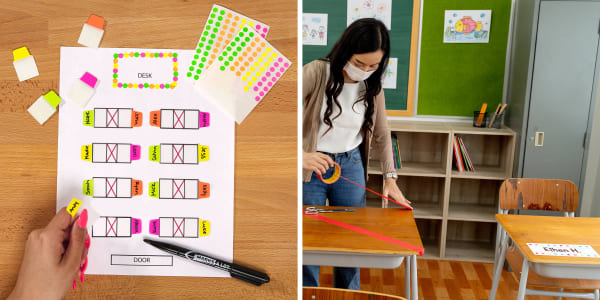 Two images side by side. Left image shows a classroom seating chart labeled with Avery Ultra Tabs and color-coding stickers. Right image shows teacher in a classroom organizing desks for social distancing. Avery removable labels are used as desk labels for student names.