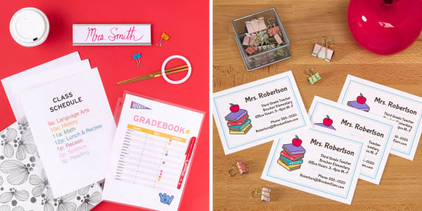 Two images side by side. Left image shows teachers papers in heavy-duty sheet protectors on a cheerful red background. Right side shows Avery postcards with teacher contact information artistically arranged on a wooden table with a shiny red apple and paper clips.