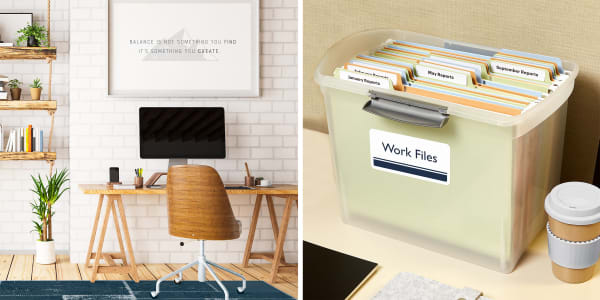 two images side by side showing examples of working from home ideas that help your brain switch out of work mode one image shows a rug and artwork used to clearly define an area around desk so it is easier to visualize it as a separate space for working from home the other images shows work files neatly filed in portable storage and labeled with avery labels so they are easy to put away