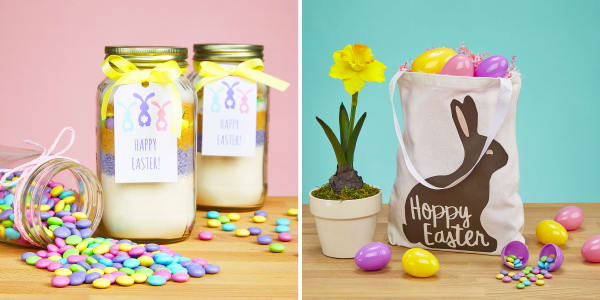 two images showing easter ideas for 2021 to send to loved ones celebrating remotely one image shows a mason jar craft filled with easter cookie ingredients and decorated with an avery tag and the other shows a diy tote bag made with a free avery template for fabric transfers
