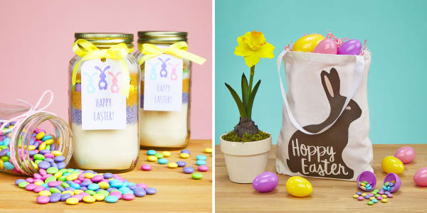 two images showing easter ideas for 2021 to send to loved ones celebrating remotely one image shows a mason jar craft filled with easter cookie ingredients and decorated with an avery tag and the other shows a diy tote bag made with a free avery template for fabric transfers
