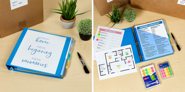 two images side by side showing moving tips for getting organized using avery office prodcuts one image shows an avery binder and pocket dividers with a cover saying new home new beginning new memories and the other shows inside the binder with a moving checklist floor plan and key for color coding during a move