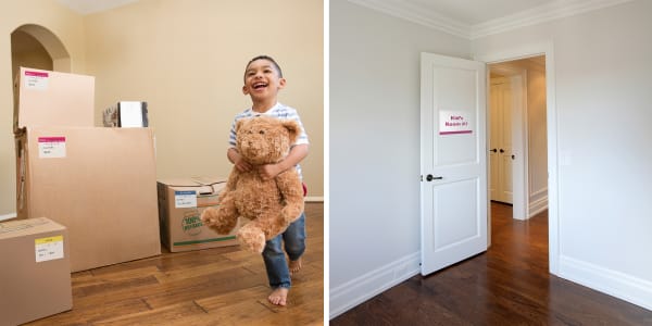 two images showing how color coding labels and wall decals are used when moving to indicate which items go where one image shows a happy little boy in a room with boxes labeled with avery moving labels and the other shows an empty new house with avery wall decals color coded to the moving boxes