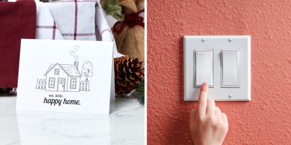 two images side by side demonstrating moving tips for easing the transition one image shows an avery new address note card for sending to friends and family and the other shows a hand touching a light switch protected with avery antimicrobial film